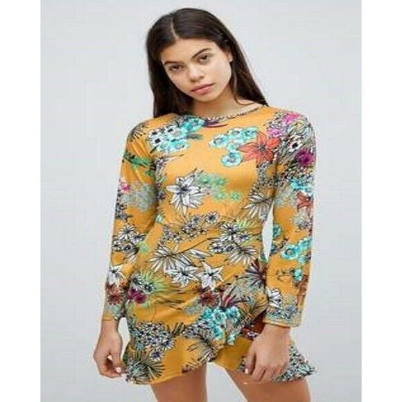𝅺NWT Club L London Mustard Yellow Floral Dress 12 - Picture 1 of 8